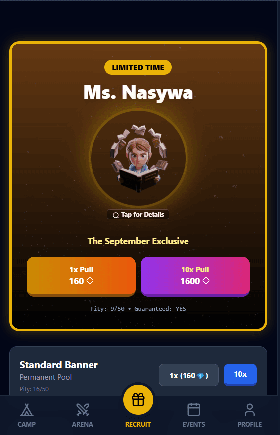 The gacha system. Characters are equipped to change how a round plays: one reverses a wrong answer, another covers your opponent's screen in multiplayer, which is as annoying as it sounds.