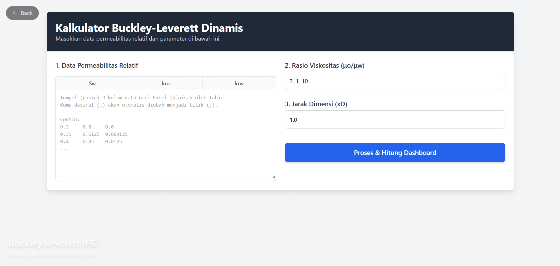 The Buckley-Leverett calculator.